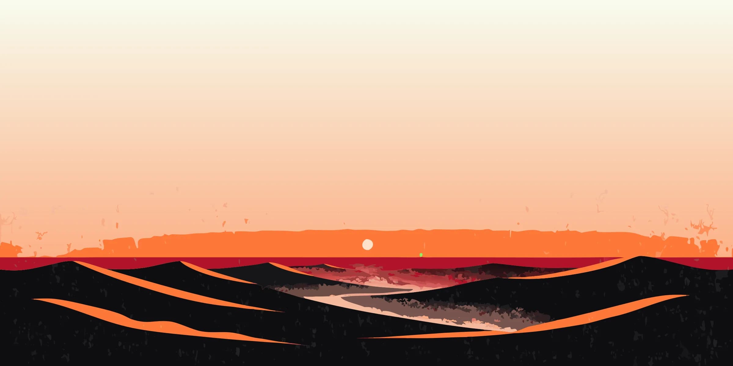 A winding path across desert dunes toward a distant ridge at dusk