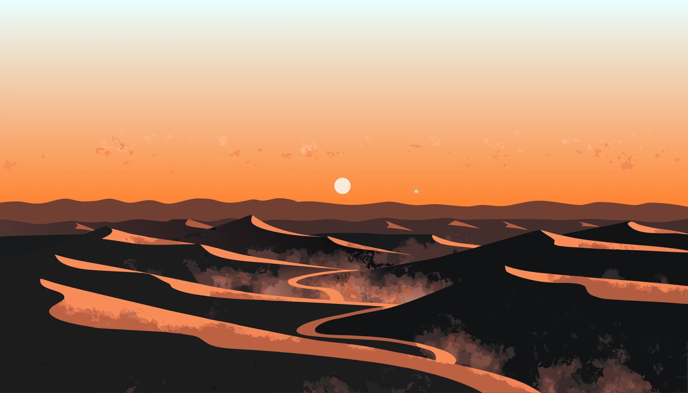 A winding path across desert dunes at dawn
